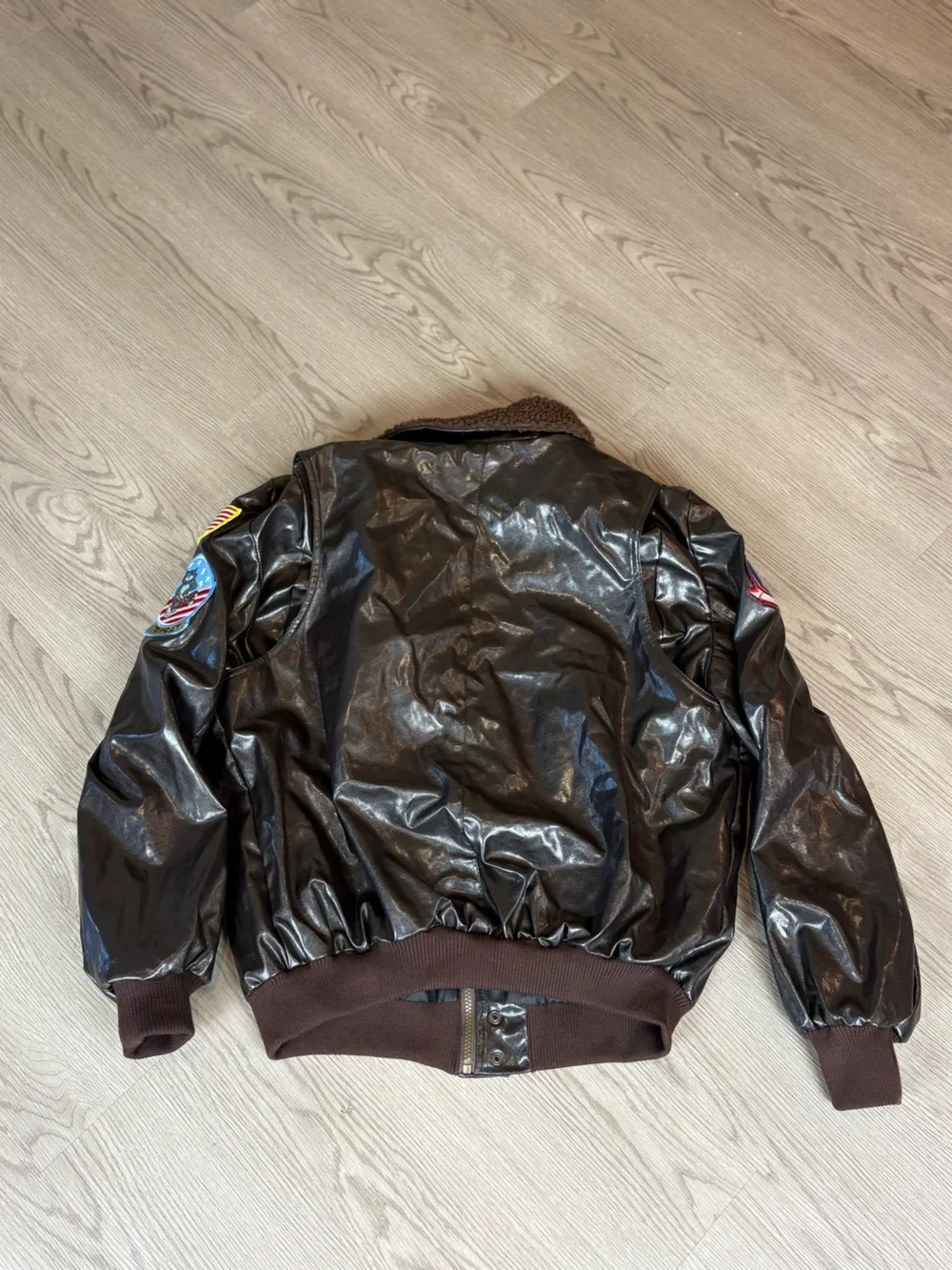 Leg Avenue Dark Brown Bomber Jacket with Shearling Collar and Patches
